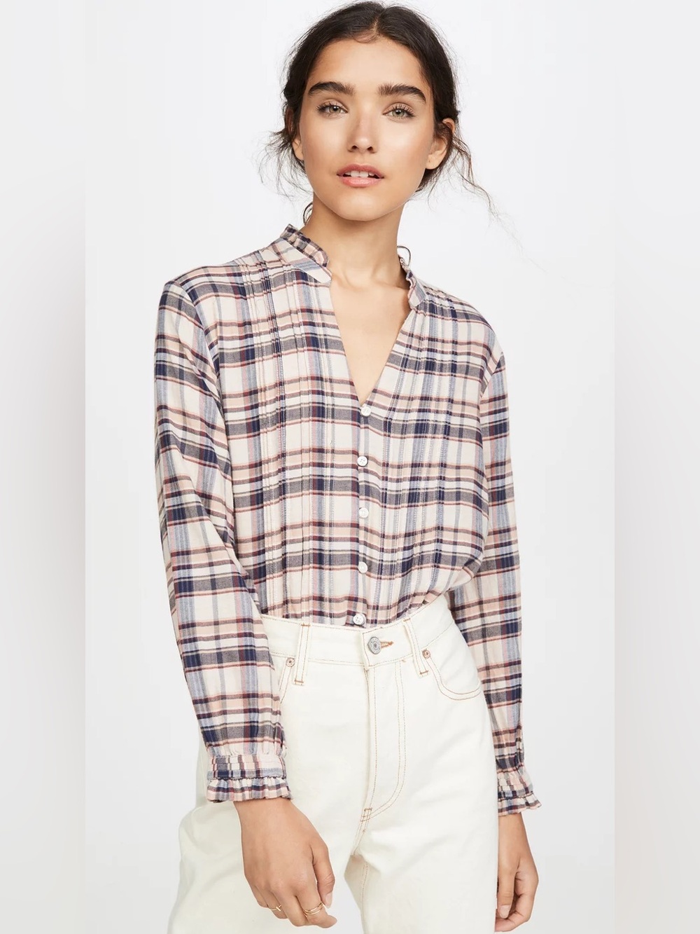 Birds of Paradis by Trovata Finley Pintuck Blouse in Blush Plaid